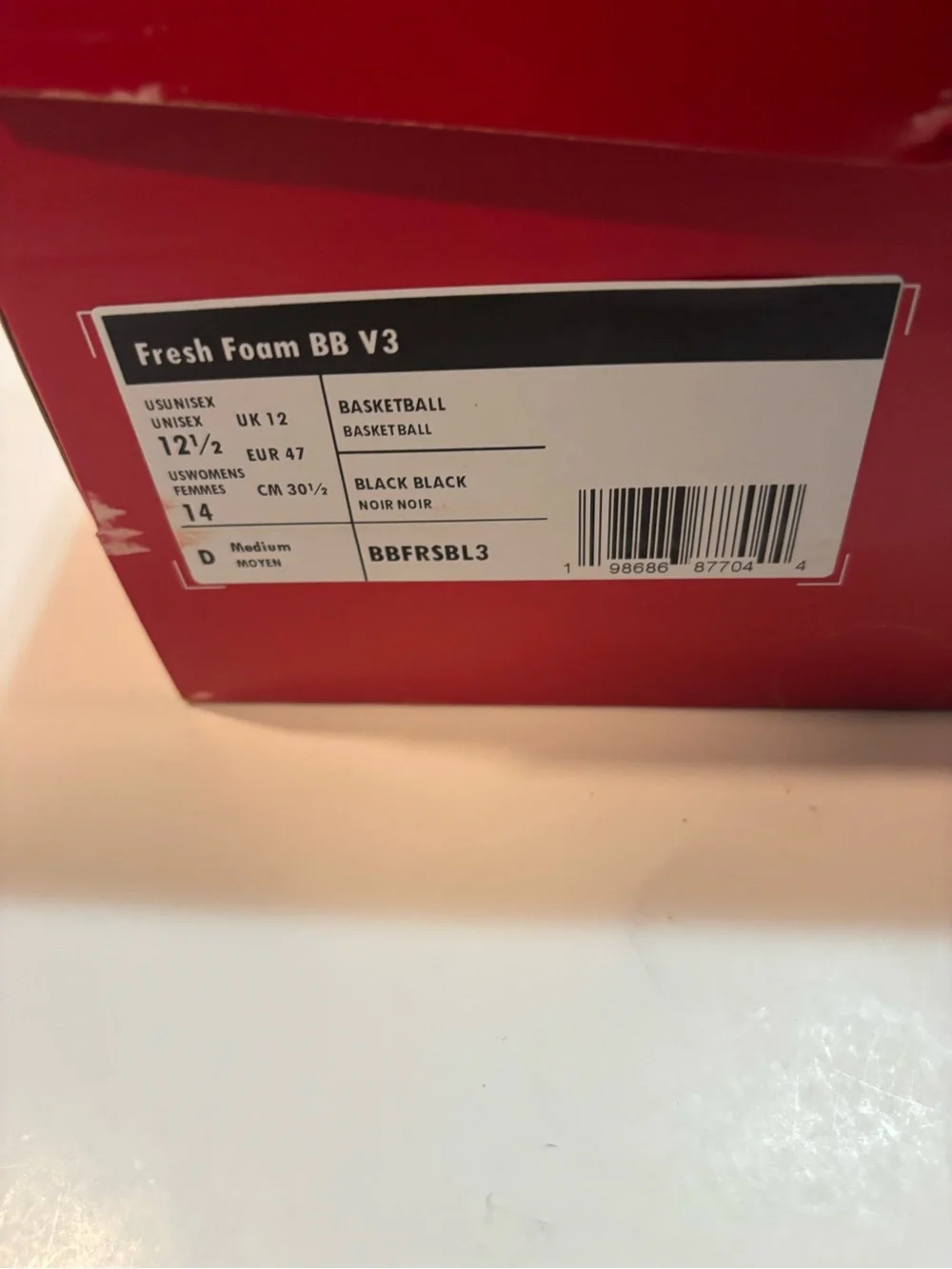 New Balance Fresh Foam BB V3/ Black Team Red Basketball/ Shoes Size 12.5
